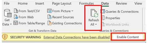 Screenshot of the Data tab in Excel with the "Refresh All" button highlighted and a security warning about external data connections being disabled. An "Enable Content" button is also visible.