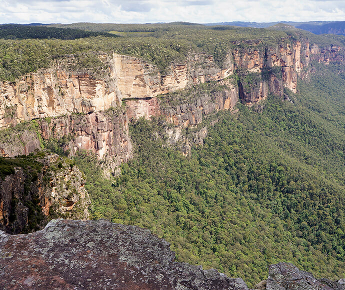 Panoramic view of an escarpment and valley from Lockleys Pylon Walking Track in Blue Mountains National Park. The image shows a rugged cliff face with layers of exposed rock, surrounded by dense green forest. The valley below is covered in lush vegetation, and the sky above is partly cloudy, adding depth to the landscape.