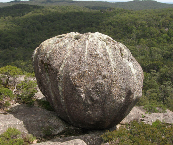 A large, rounded boulder sits on a rocky outcrop with a lush, green forest in the background. The boulder has a rough texture with visible striations and patches of lichen or moss, indicating natural weathering. The surrounding trees are dense, indicating a forested or mountainous region.