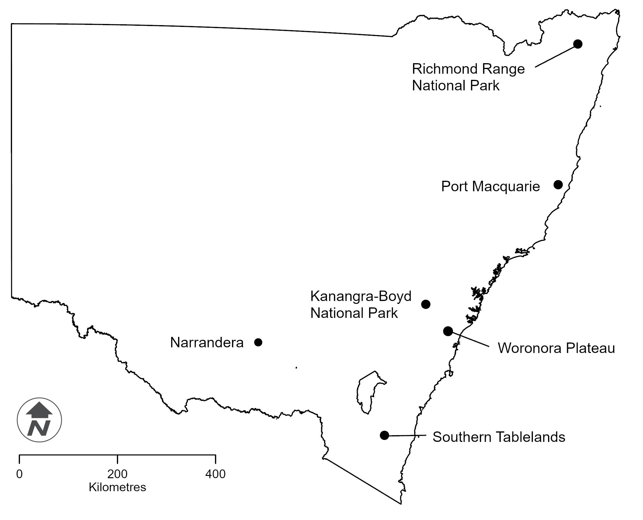 A basic black and white map of New South Wales showing locations of the 6 sites at which koalas are assessed in the sentinel monitoring program. The sites are located across national parks and reserves on the far north coast (Richmond Ranges National Park), mid-north coast (Port Macquarie), Southern Tablelands, the Riverina (Narrandera), Kanangra-Boyd National Park and Woronora Plateau (south-western Sydney).