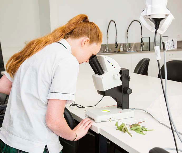 A person with long hair is looking through a microscope in a laboratory setting. There are plant samples on the table next to the microscope. The person is wearing a white shirt with green trim and a green skirt. The laboratory has sinks and chairs in the background.