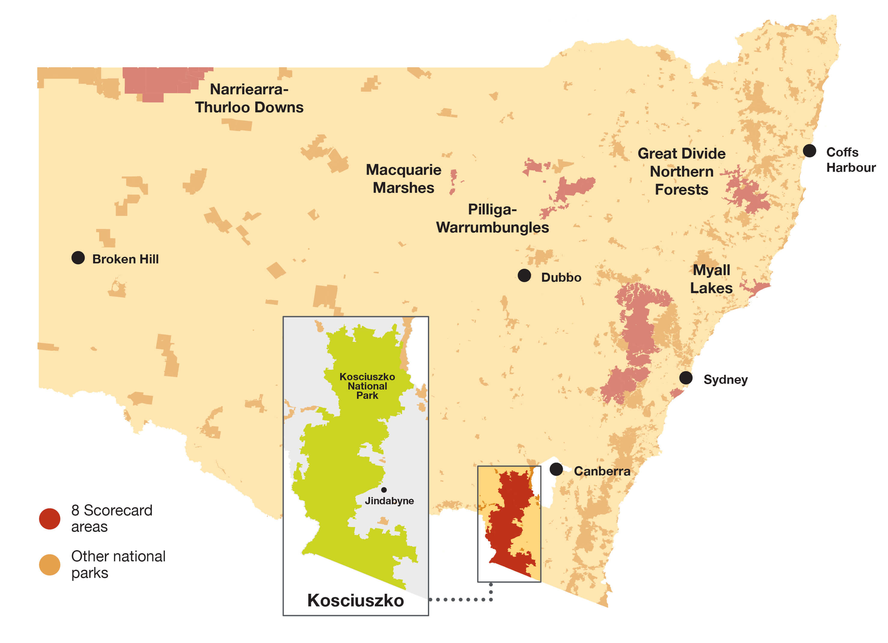 A map of the NSW state with national parks that have been given a scorecard, with a close up of the Kosciuszko national park