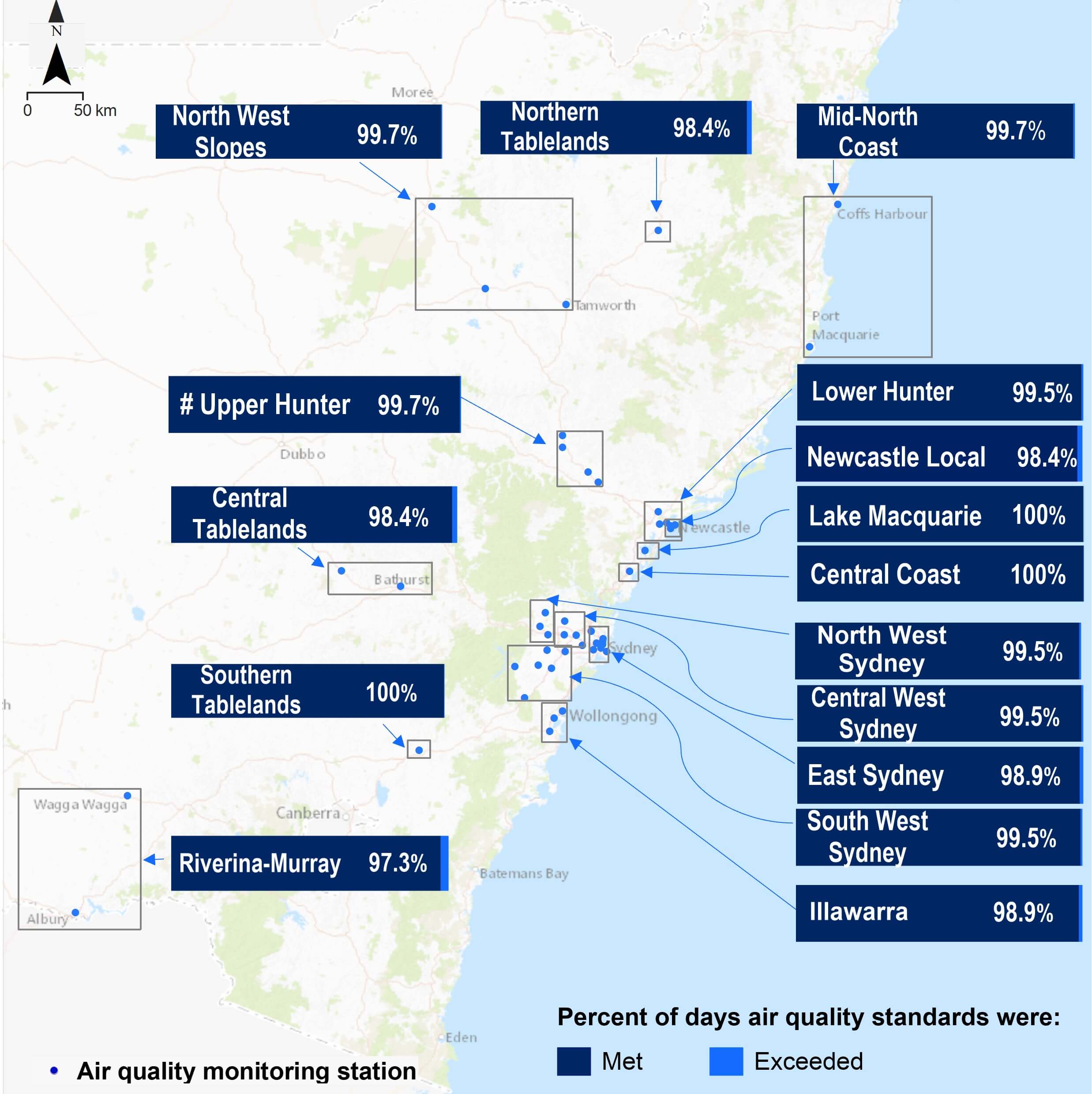 Air quality summary map of NSW showing the percentage of days that NSW metropolitan and regional centres were above or below air quality standards in 2024.