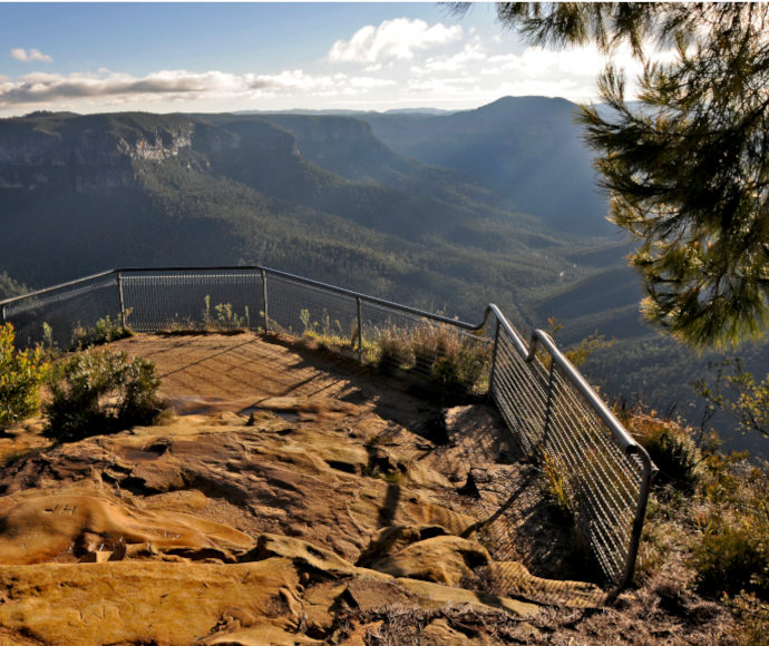 Light hitting the valley as seen from the Cliff Top walking track at Evans Lookout