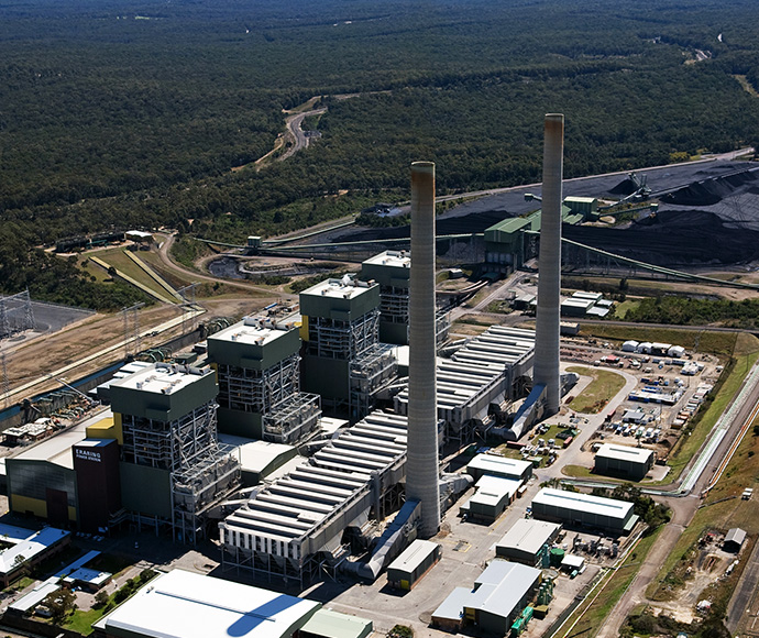 Eraring power station is a black coal-fired power station on the shores of Lake Macquarie, southeast of Newcastle, NSW. Its four steam turbines give it a generating capacity of 2640 megawatts, making it the equal largest power station in Australia in terms of generating capacity. Eraring substation on the left.