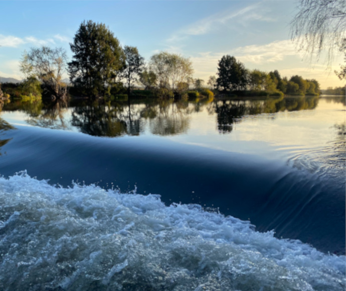 Close-up of foaming water as the Hunter River flows over a weir, with golden light and calm trees reflected in the river's shimmering surface in the background