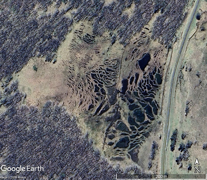 n aerial view of a landscape featuring a dendritic drainage pattern adjacent to a road