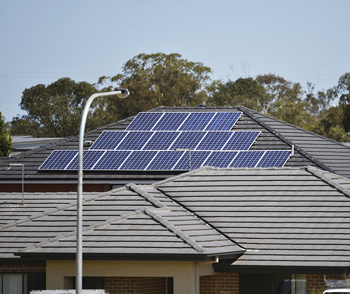 Solar panel roof in residential area in Glenfield, South West Sydney, NSW