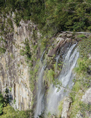 Minyon Falls in Nightcap National Park, with water cascading down a 100-meter cliff into a lush, green rainforest below.